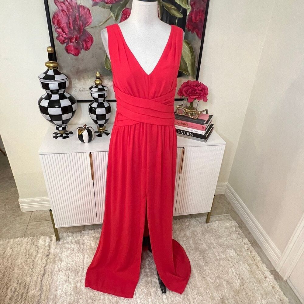 Parker Black Chiffon Crossover Waist Shirred High Slit Gown Dress Red Size 6 NWT